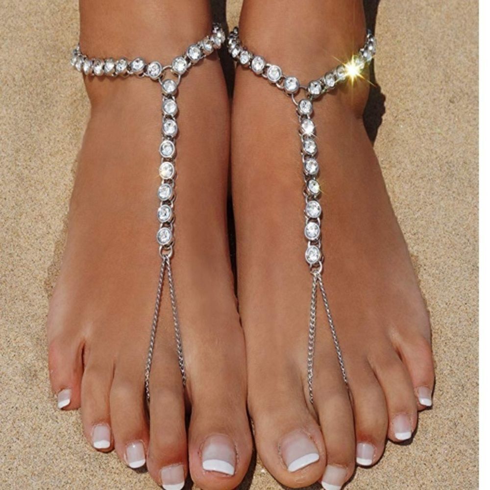 Silver and White Diamond Austrian Crystal Anklet Foot Chains - Set of 2